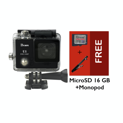 Bcare Action Camera U-1 12 MP FHD 1080P - Hitam + Gratis MicroSD 16 GB Class 10 + Monopod