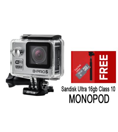 Brica Action Camera B-Pro 5 Alpha Edition - Silver+Free MemorySandisk Ultra 16GB class10+Monopod PY 011 B-Bpro Silver