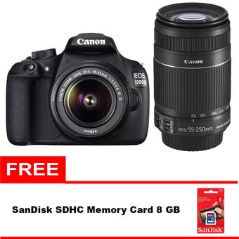 Canon EOS 1200D Double Kit 18-55mm IS II + 55-250mm IS II - 18 MP - Hitam + Gratis Sandisk SDHC 8 GB  