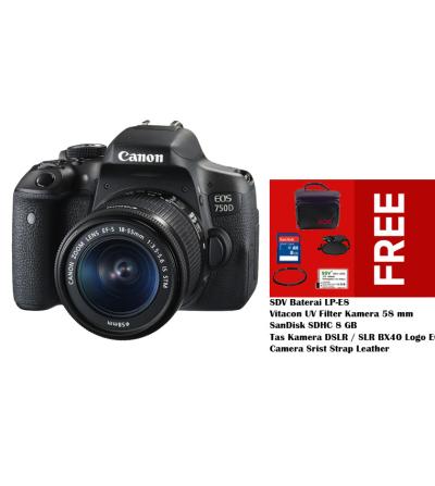 Canon EOS 750D - Hitam + Free Baterai Kamera LP-E8 + Camera Srist Strap Leather + UV Filter 58mm + Memory 8GB + Tas Kamera BX40 Spesifikasi Canon EOS 750D WiFi DSLR Lens Kit 18-55mm IS STM - 24MP :