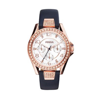 Fossil Riley Blue Leather Strap Rose Gold Jam Tangan Wanita