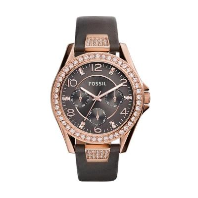 Fossil Riley Gray Leather Strap Rose Gold Jam Tangan Wanita