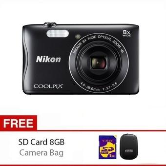 Nikon Camera Coolpix S3700 - Wifi 20.1MP 8x Optical Zoom - Hitam + Gratis SD Card 8GB dan Case  