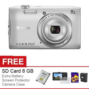 Nikon Coolpix S3700 Wifi/NFC Kamera Digital - 20.1 MP - 8x Optical Zoom - Silver + Gratis Aksessories Kamera  