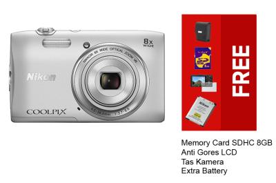 Nikon Coolpix S3700 Wifi/NFC Kamera Digital - 20.1 MP - 8x Optical Zoom - Silver + Gratis Aksessories Kamera