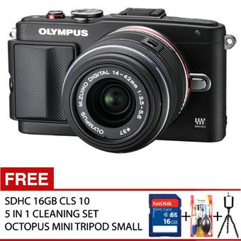 Olympus PEN E-PL6 Mirrorless Kamera Kit Lensa 14 - 42mm R (G) - Black/Black + Free SDHC 16GB CLS 10 + 5 in 1 Cleaning Set + Octopus Mini Tripod Small  