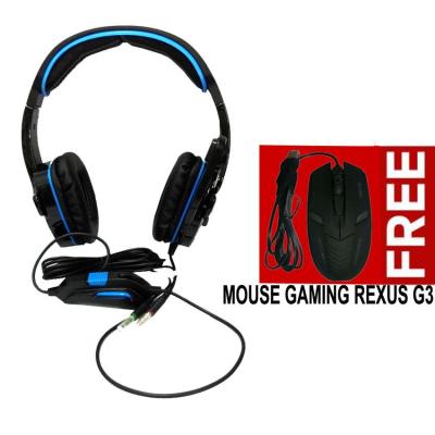 Sades Headset Gaming GPower SA-708 High Quality Bass - Biru + Mouse Gaming Rexus G3 - Hitam