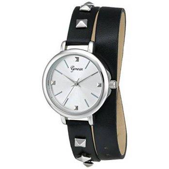 [macyskorea] Geneva Womens 2401J-GEN Silver-Tone Watch with Black Wraparound Faux-Lea/9952965