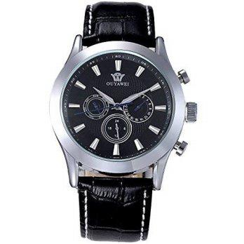 [poledit] Generic Day Date Mens Automatic Black Genuine Leather Band Wrist Watch (T1)/12674817