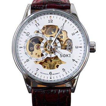 [poledit] Generic SOKI White Skeleton Dial Mens Brown Leather Band Automatic Self Winding /12673870