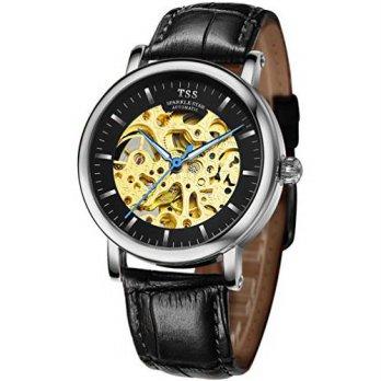 [poledit] TSS Mens`s Black Dial Blue Hand Black Leather Band Automatic Skeleton Watch (T1)/12682358