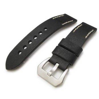 [worldbuyer] 20mm MiLTAT Pull Up Leather Black Watch Strap, Beige Hand Stitches/1403762