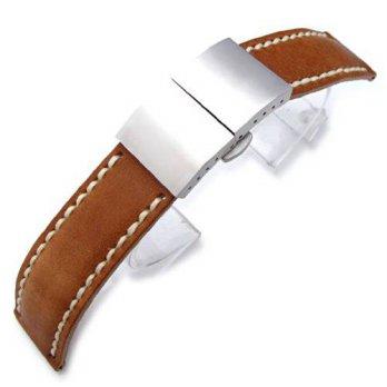 [worldbuyer] 21mm MiLTAT PullUp Leather Saddle Brown Watch Strap, Beige Hand Stitching, De/1356250