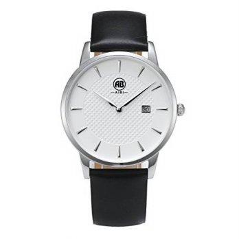 [worldbuyer] AIBI Waterproof Black Leather Ultra-thin Silver White Dial Quartz Simple Dres/1376050