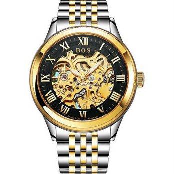 [worldbuyer] BOS Mens Automatic Self-wind Mechanical Black Skeleton Dial Wrist Watch Gold /1381031