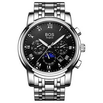 [worldbuyer] BOS Mens Mechanical Black Dial Stainless Steel Waterproof Chronograph Watch w/1375052