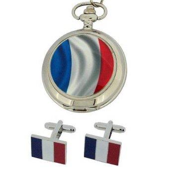 [worldbuyer] BOXX Boxx French Flag Pocket Watch With 12 Chain + Cufflinks Ideal Xmas Gift /1344520