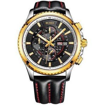 [worldbuyer] BUREI Mens Luminous Chronograph Day and Date Watch with Black Calfskin Band, /1378171