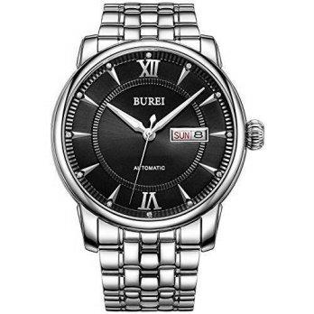 [worldbuyer] BUREI Mens Luminous Day and Date Automatic Watch with Silver Link Bracelet, S/1377141