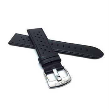 [worldbuyer] Bandini 24mm Black Vented Racer Genuine Leather Watch Strap Band, with Stainl/1355380