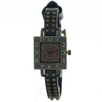 [worldbuyer] CLWatch Two rows of Rusted Copper Rivets black Strap Square Case Fashion Quar/508691