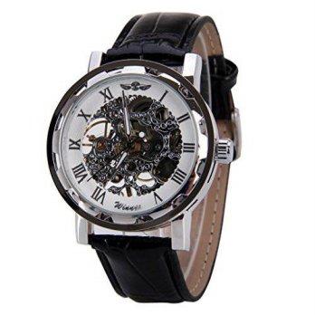 [worldbuyer] Cool WINNER Unisex Black Leather Stylish White Skeleton Dial Hand-Wind Up Mec/1381199