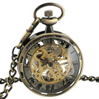 [worldbuyer] ESS Mens BronzeSkeleton Roman Numerals Mechanical Antique Pocket Watch Mens W/1342890