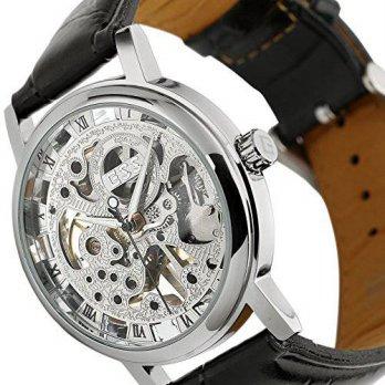 [worldbuyer] ESS Skeleton Hand Winding Black Leather Mechanical Silver Steampunk Mens Wris/1380781