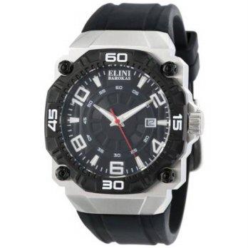 [worldbuyer] Elini Barokas Mens 10318-01-BB Comanche Black Textured Dial Black Silicone Wa/1380444