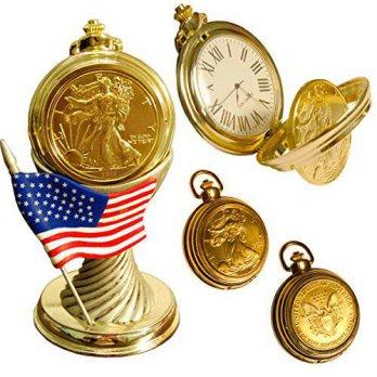 [worldbuyer] First Commemorative Mint Gold Plated Silver Eagle Pocket Watch with Stand/1343659