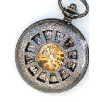 [worldbuyer] GBC Steampunk DARK WINDOWS skeleton mechanical pocket time piece Chain/1342564