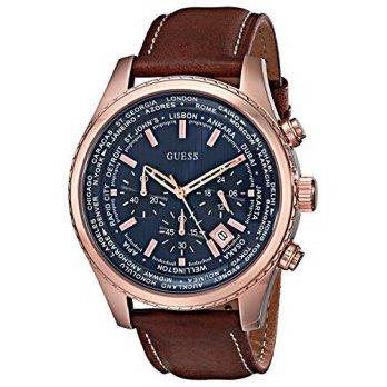 [worldbuyer] GUESS Mens U0500G1 Rose Gold-Tone Stainless Steel Watch with Honey Brown Leat/1384203