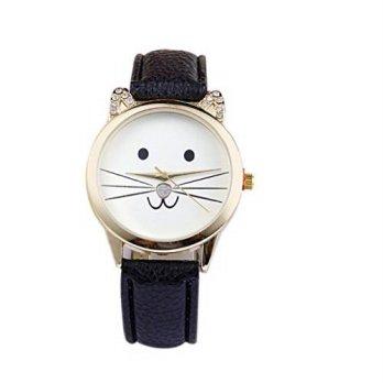 [worldbuyer] Generic Kinghard Fashion Neutral Diamond Lovely Cats Face Quartz Watch(Black)/1342481