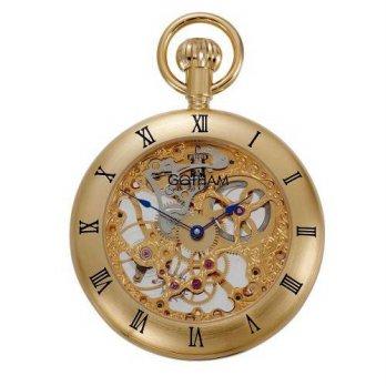 [worldbuyer] Gotham Mens Gold-Tone 17 Jewel Mechanical Exhibition Roman Bezel Pocket Watch/1341466