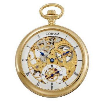 [worldbuyer] Gotham Mens Gold-Tone 17 Jewel Mechanical Skeleton Pocket Watch GWC14069G/1341504