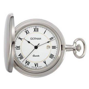 [worldbuyer] Gotham Mens Silver-Tone Satin Covered Quartz Date Pocket Watch GWC14071S/1341919