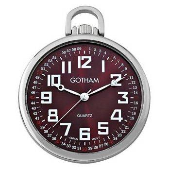 [worldbuyer] Gotham Mens Silver-Tone Ultra Thin Railroad Open Face Quartz Pocket Watch GW/1340872