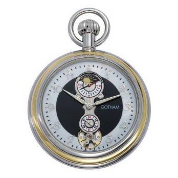 [worldbuyer] Gotham Mens Two-Tone Mechanical Sun/Moon 24 HR Movement Pocket Watch GWC1405/1343492