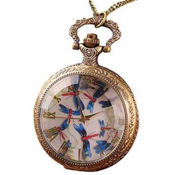 [worldbuyer] Infinite U Vintage Blue Butterfly/Dragonfly Big Quartz Pocket Watch Roman Num/1346869