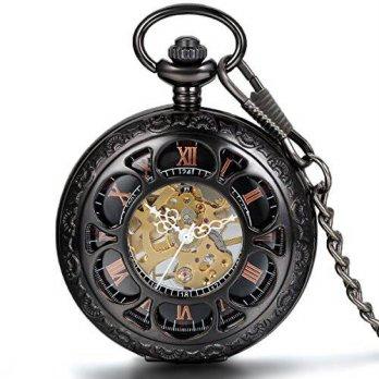 [worldbuyer] Jewelrywe JewelryWe Half Hunter Pocket Watch with Chain Black Dial Steampunk /1375975