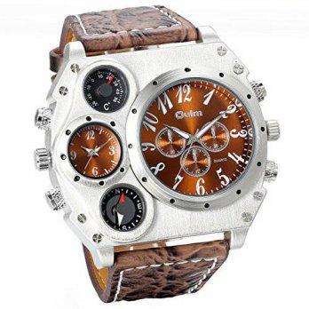 [worldbuyer] Jewelrywe New Mens Military Style 2 Time Zones Dark Brown Leather Strap Quart/1375516