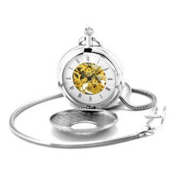 [worldbuyer] KINGMAN.INC Silver Tone Brass Skeleton Pocket Watch Mechanical Movement Hand /1343383