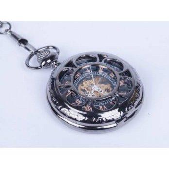 [worldbuyer] KINGMAN.INC Skeleton Black Pocket Watch Chain Mechanical Hand Wind Half Hunte/1341206