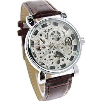 [worldbuyer] LEIYI itemstoday Mens Genuine Brown Leather Mechanical Self Wind Skeleton Sil/1380820