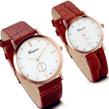 [worldbuyer] Lancardo 2 Pack Unisex Lovers Mens Womens Wrist Watch Round Dial Leather Watc/1381098