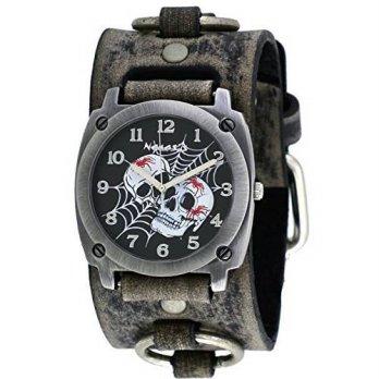 [worldbuyer] Nemesis FRB931K Mens Web of Skulls Wide Grey Leather Cuff Band Watch/1381567