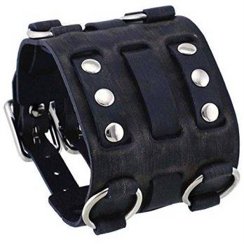 [worldbuyer] Nemesis WB-KV Wide Tarnished Black Leather Tri Clasp Cuff Wrist Watch Band/1355194