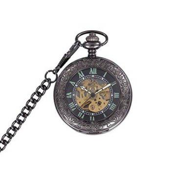 [worldbuyer] OUANGANC Black Steampunk Pocket Watch Automatic Roman Numerals Half Hunter-An/1343327