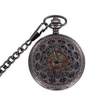 [worldbuyer] OUANGANC Black Steampunk Pocket Watch Automatic Roman Numerals Half Hunter-An/1341751