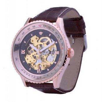 [worldbuyer] Ouyawei Mens Business Gold And Black Dial Brown Leather Strap Mechanical Watc/1384109